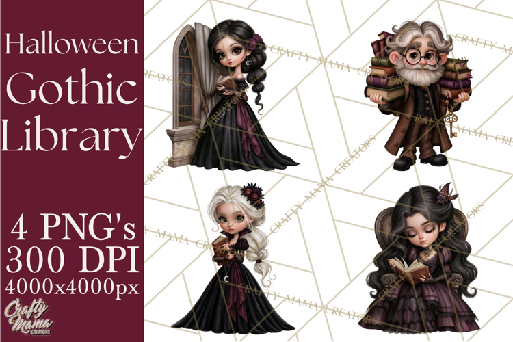 Gothic Library Clipart PNG, Halloween Book Lover