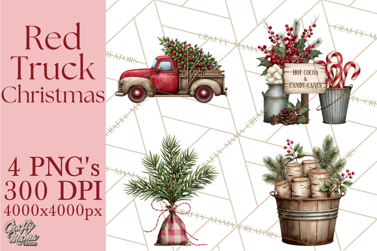 Vintage Red Truck Christmas Evergreens PNG Clipart