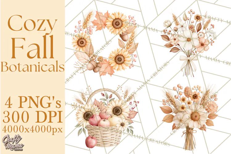 Fall Harvest Florals Clipart PNG, Autumn Floral Designs
