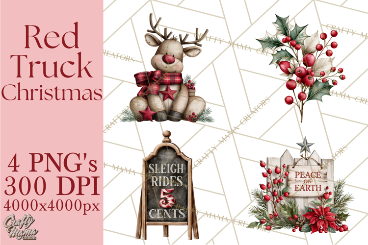 Vintage Red Truck Christmas Evergreens PNG Clipart