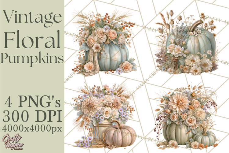 Vintage Floral Pumpkin Clipart PNG, Fall Halloween example image 1