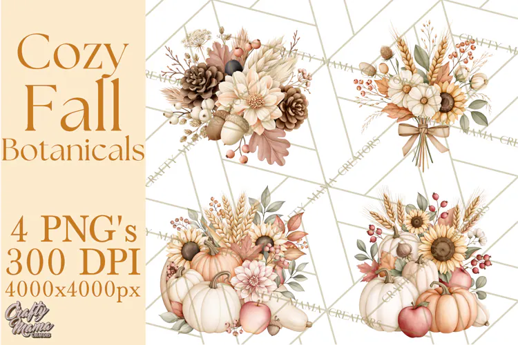 Fall Harvest Florals Clipart PNG, Autumn Floral Designs