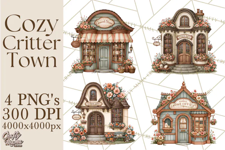 Cozy Critter Town Clipart PNG, Cottage Animal Town
