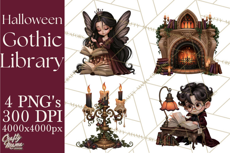 Gothic Library Clipart PNG, Halloween Book Lover example image 1