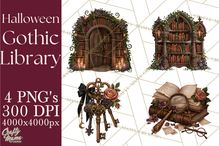 Gothic Library Clipart PNG, Halloween Book Lover