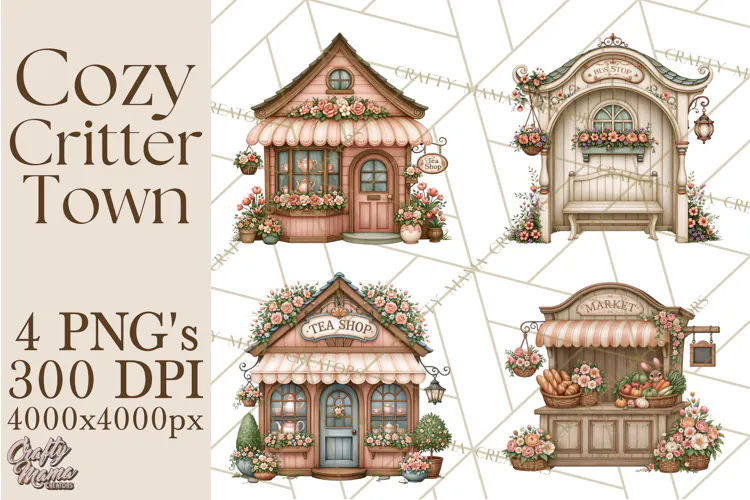 Cozy Critter Town Clipart PNG, Cottage Animal Town
