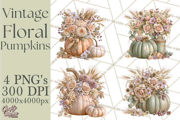 Vintage Floral Pumpkin Clipart PNG, Fall Halloween example image 1