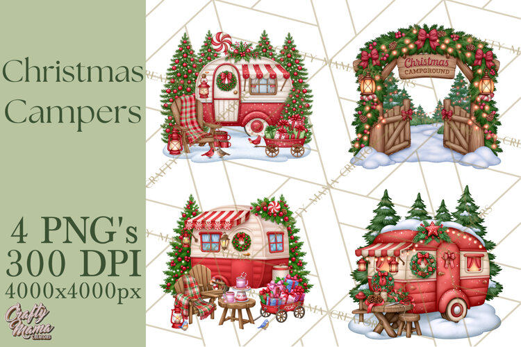 Christmas Camper Clipart PNG Vintage Holiday Camping example image 1