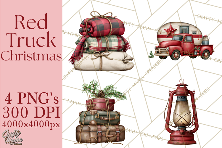 Vintage Red Truck Christmas Evergreens PNG Clipart