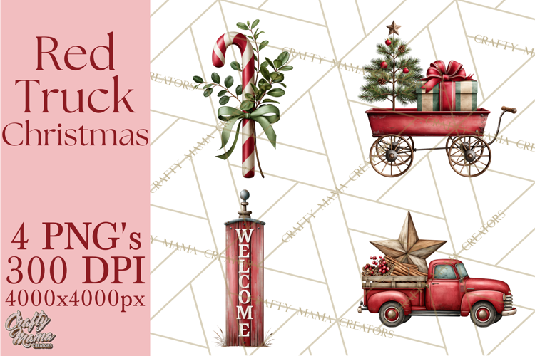 Vintage Red Truck Christmas Evergreens PNG Clipart