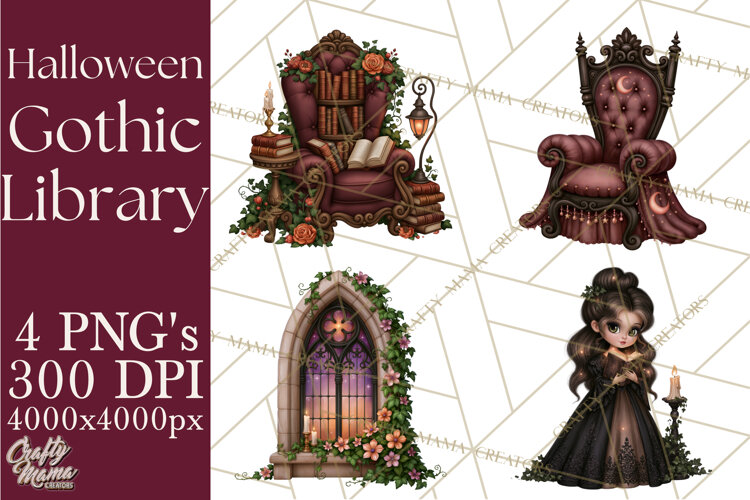 Gothic Library Clipart PNG, Halloween Book Lover example image 1