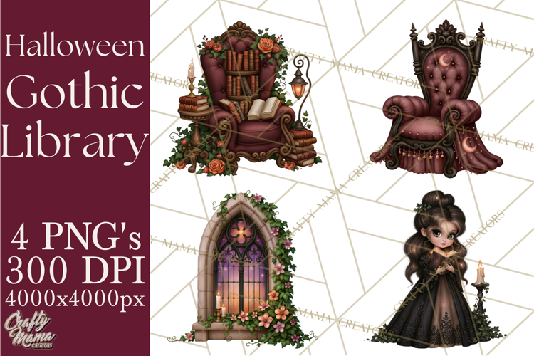 Gothic Library Clipart PNG, Halloween Book Lover