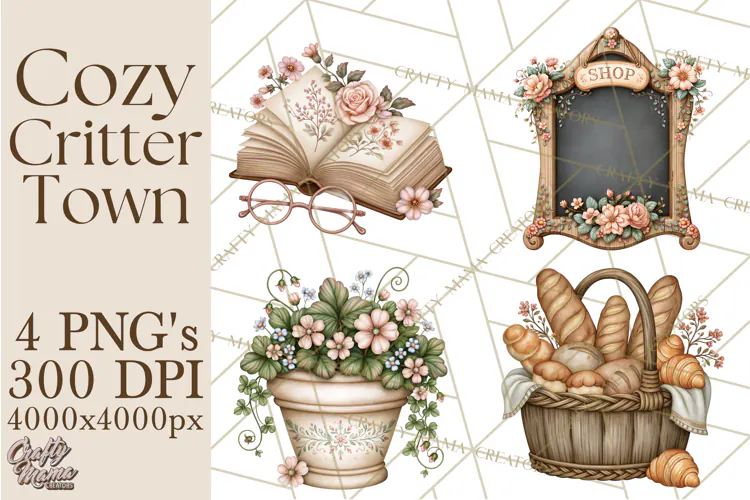 Cozy Critter Town Clipart PNG, Cottage Animal Town