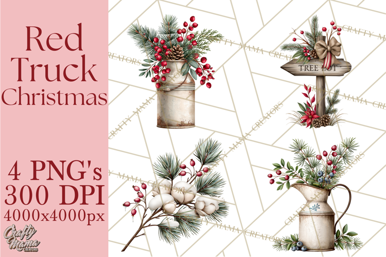 Vintage Red Truck Christmas Evergreens PNG Clipart
