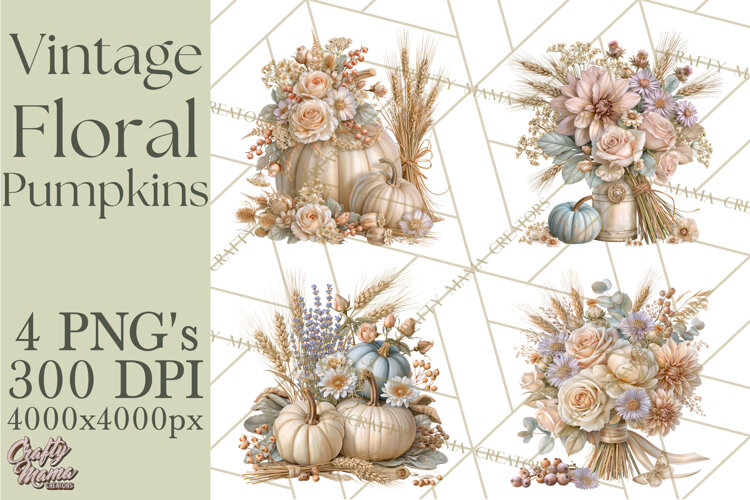 Vintage Floral Pumpkin Clipart PNG, Fall Halloween example image 1