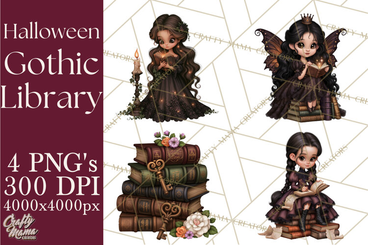 Gothic Library Clipart PNG, Halloween Book Lover example image 1