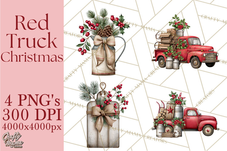 Vintage Red Truck Christmas Evergreens PNG Clipart example image 1