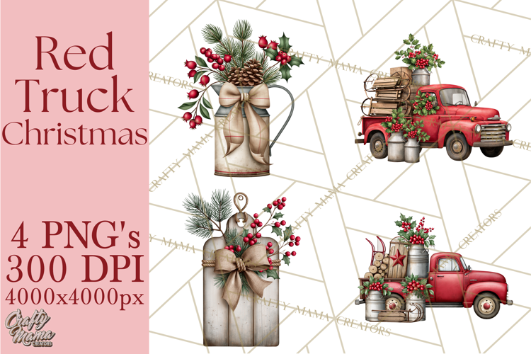 Vintage Red Truck Christmas Evergreens PNG Clipart
