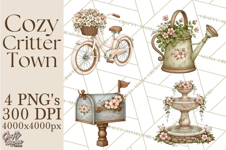 Cozy Critter Town Clipart PNG, Cottage Animal Town