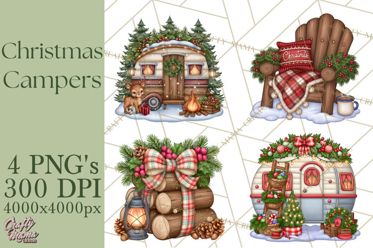 Christmas Camper Clipart PNG Vintage Holiday Camping example image 1