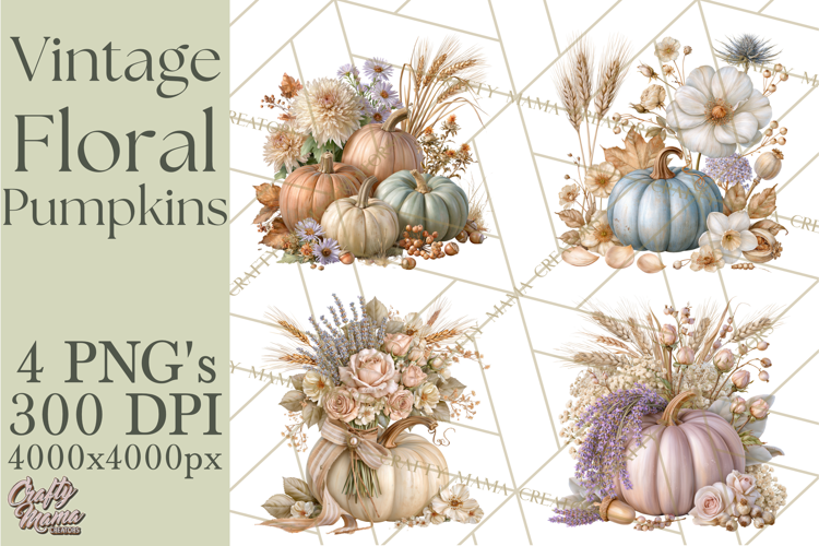 Vintage Floral Pumpkin Clipart PNG, Fall Halloween