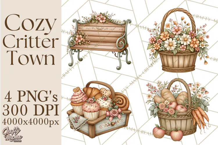 Cozy Critter Town Clipart PNG, Cottage Animal Town