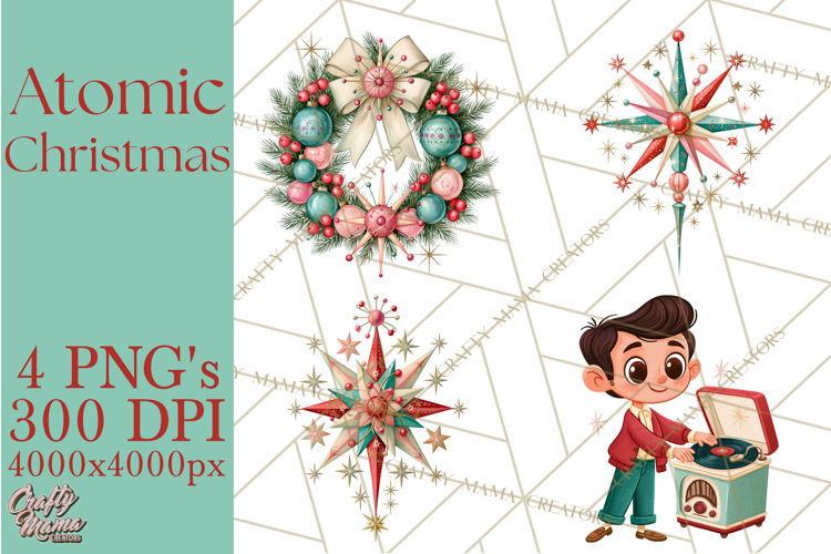 Atomic Age Christmas Clipart PNG, Retro 1950's Winter Decor