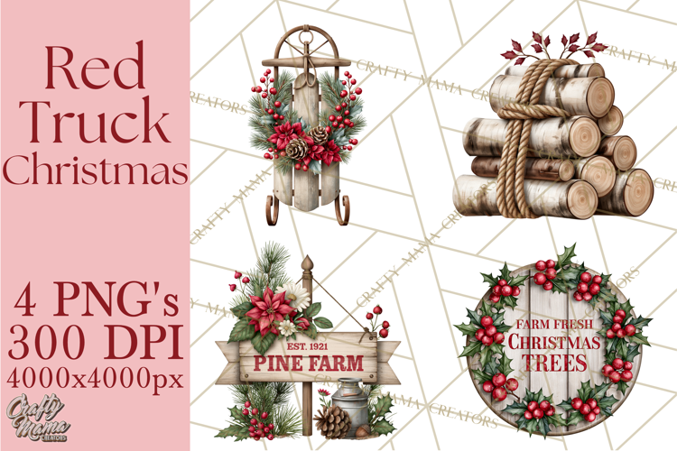 Vintage Red Truck Christmas Evergreens PNG Clipart