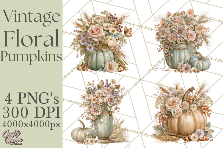 Vintage Floral Pumpkin Clipart PNG, Fall Halloween