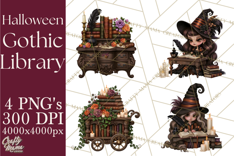 Gothic Library Clipart PNG, Halloween Book Lover