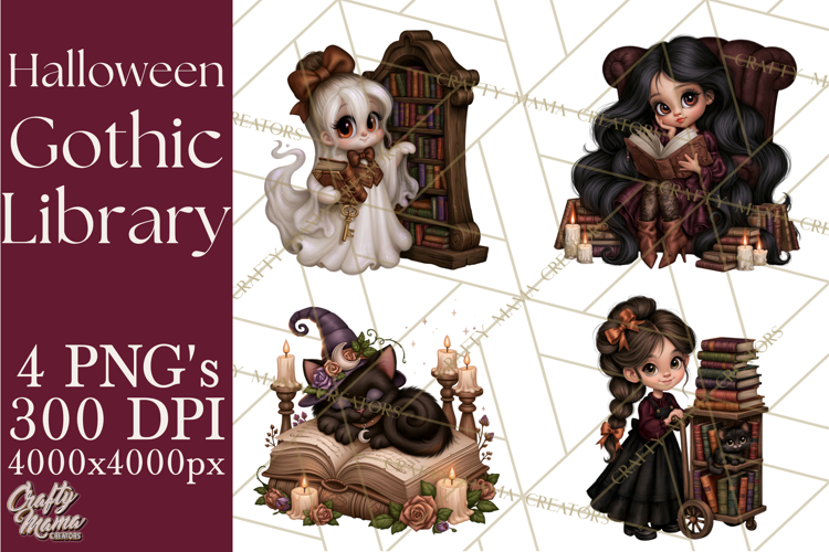 Gothic Library Clipart PNG, Halloween Book Lover