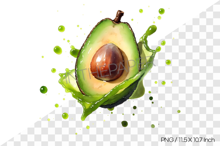 Watercolor illustn of half an avocado submerged in juice png