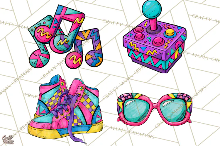 80s Retro Doodle Accessories PNG