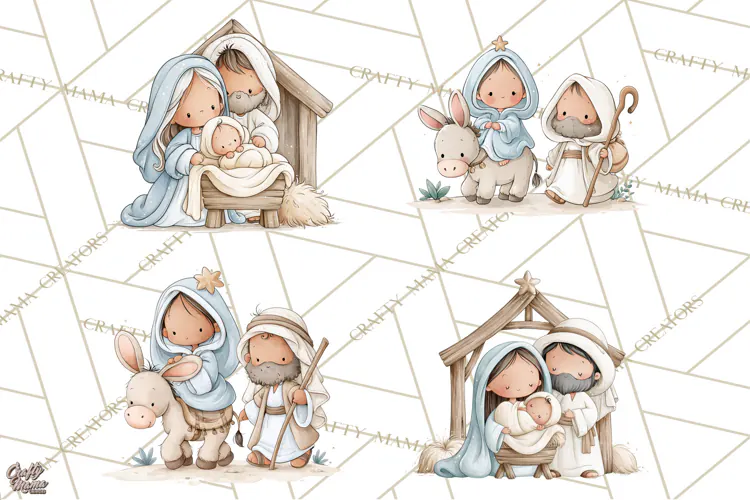 Christmas Nativity Clipart, Watercolor Nativity Scene PNG