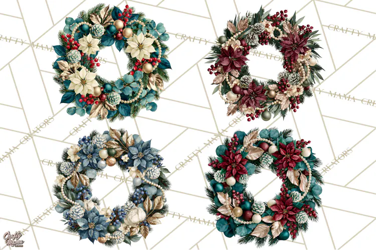 Christmas Wreath Clipart PNG, Elegant Holiday Wreaths