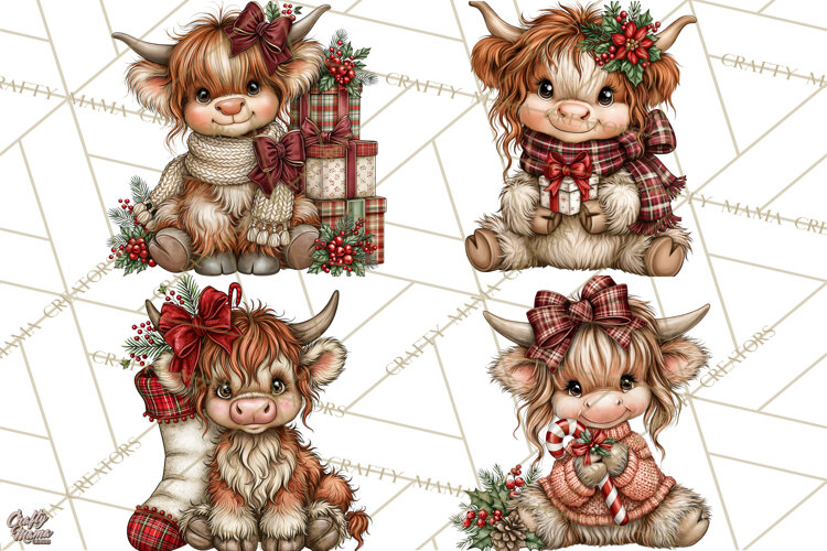 Boutique Christmas Highland Cows PNG example image 1