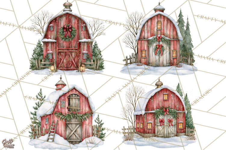 Winter Barn Christmas Clipart PNG, Farmhouse Christmas