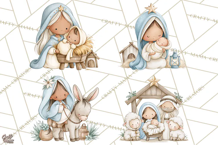Christmas Nativity Clipart, Watercolor Nativity Scene PNG