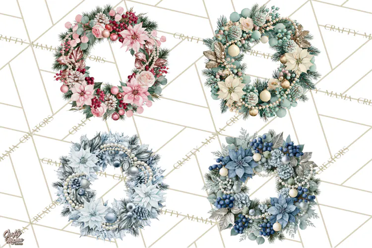 Christmas Wreath Clipart PNG, Elegant Holiday Wreaths