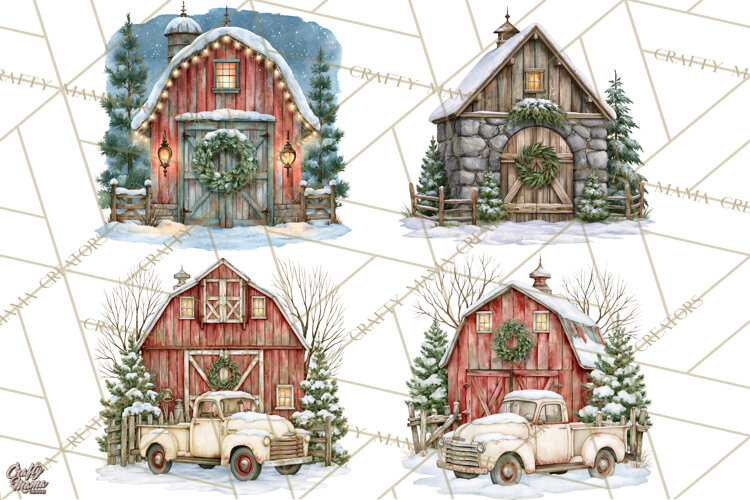 Winter Barn Christmas Clipart PNG, Farmhouse Christmas example image 1