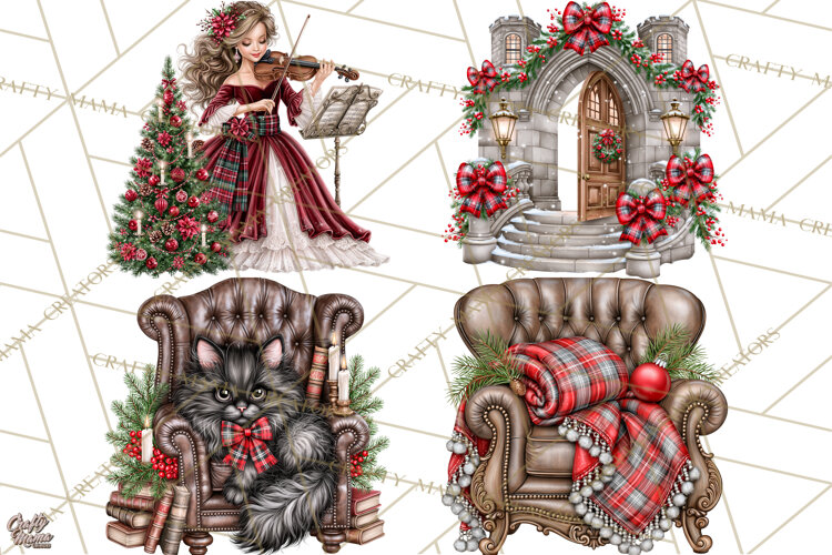 Dark Academia Christmas Clipart Royal Stewart Tartan PNG example image 1