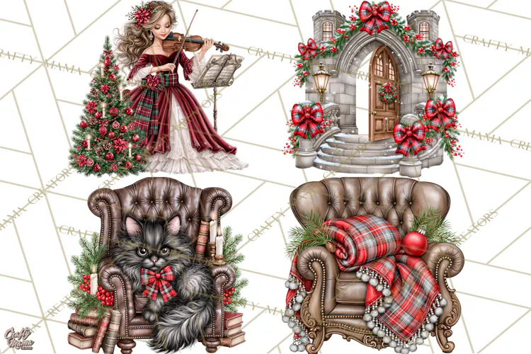 Dark Academia Christmas Clipart Royal Stewart Tartan PNG