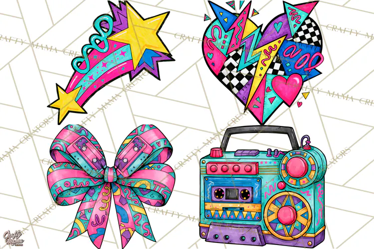 80s Retro Doodle Accessories PNG
