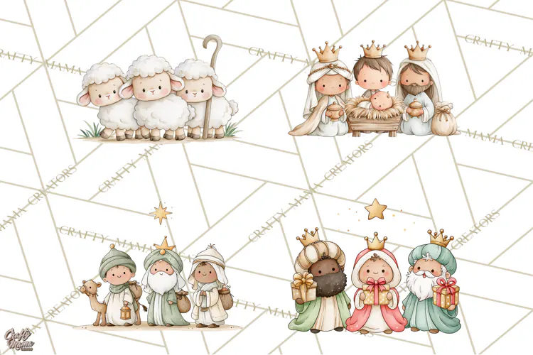 Christmas Nativity Clipart, Watercolor Nativity Scene PNG