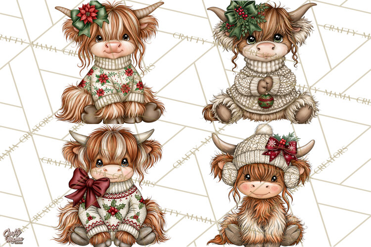 Boutique Christmas Highland Cows PNG example image 1