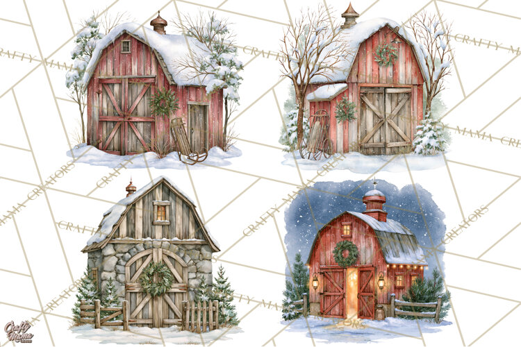 Winter Barn Christmas Clipart PNG, Farmhouse Christmas example image 1