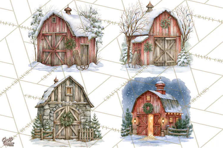 Winter Barn Christmas Clipart PNG, Farmhouse Christmas