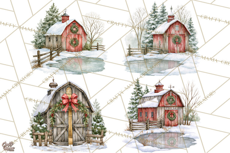 Winter Barn Christmas Clipart PNG, Farmhouse Christmas example image 1