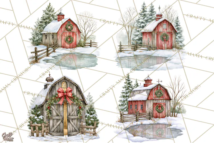 Winter Barn Christmas Clipart PNG, Farmhouse Christmas