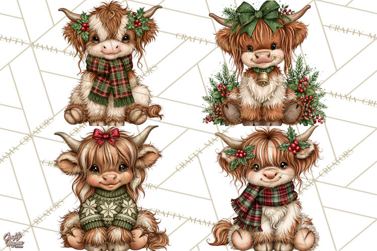 Boutique Christmas Highland Cows PNG example image 1